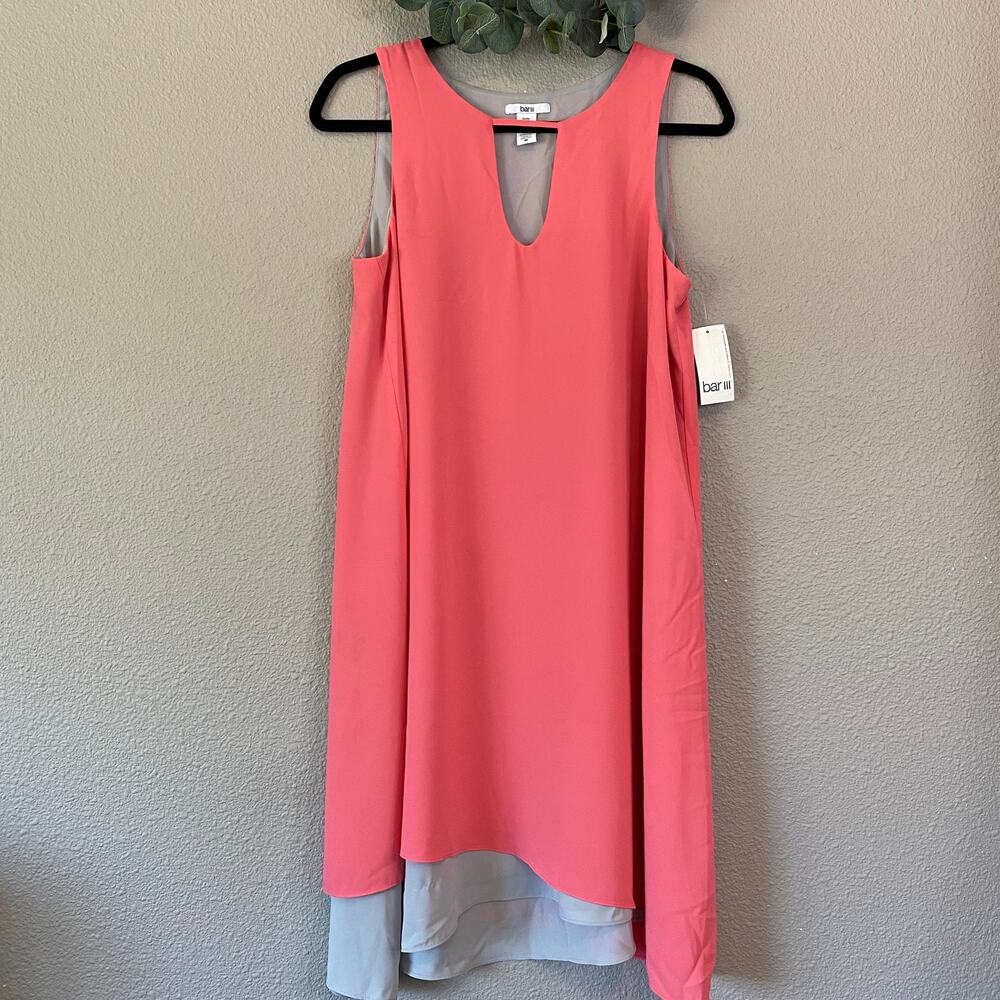 Bar III Asymmetrical Shift Dress Peony Coral Color Block Pullover New Womens Med